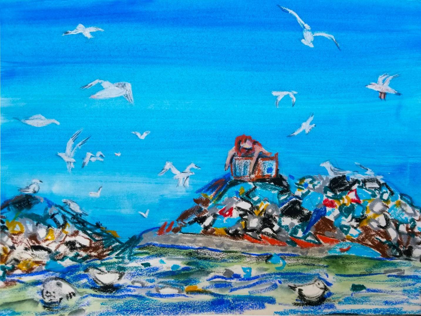 zoom out of the mermaid napping on a trash heap