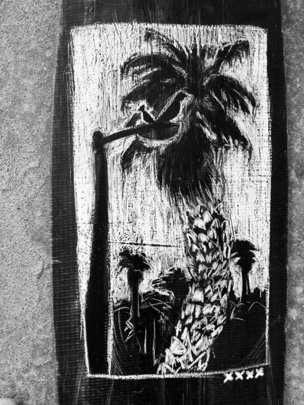 detail of china marker drawing, two birds and palm trees by the ocean